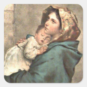 Pegatina Cuadrada Madonna en bufanda detiene al bebé Jesús