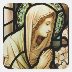 Pegatina Cuadrada Madonna en vidrio manchado de oración