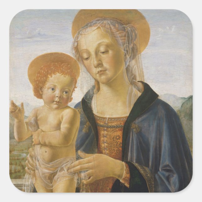 Pegatina Cuadrada Madonna y el niño, alrededor de 1470 (Anverso)