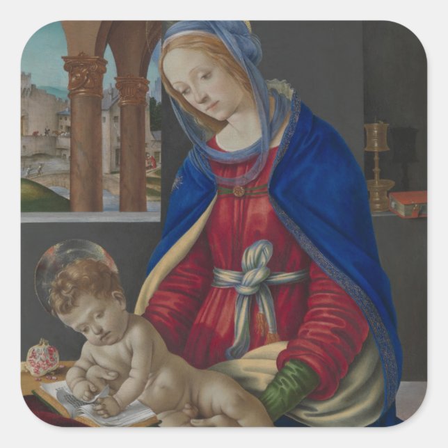 Pegatina Cuadrada Madonna y el niño, alrededor de 1483-4 (Anverso)