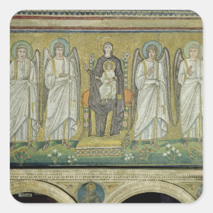 Pegatina Cuadrada Madonna y niño atrapados por ángeles