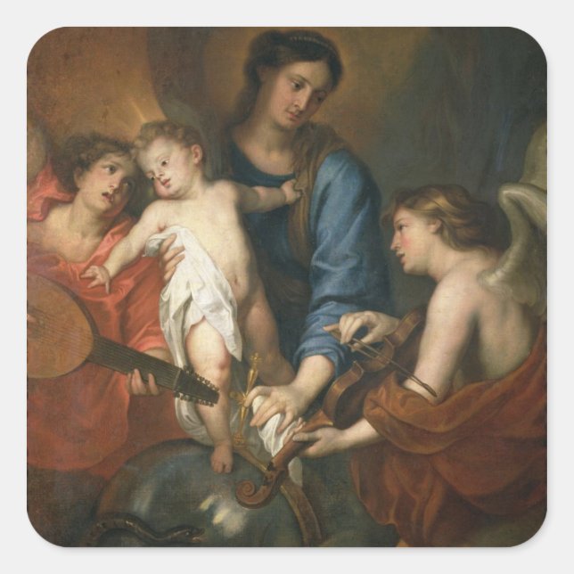 Pegatina Cuadrada Madonna y niño con ángeles (Anverso)