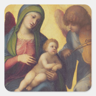 Pegatina Cuadrada Madonna y niño con ángeles c.1510-15 (aceite en pa