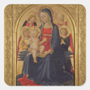 Pegatina Cuadrada Madonna y niño con los ángeles, c.1467 (aceite e