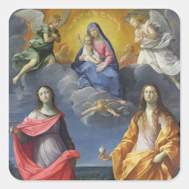 Pegatina Cuadrada Madonna y niño con Santa Lucía y María Magdalena (Anverso)