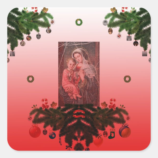 Pegatina Cuadrada Madonna y niño [Navidades] (Anverso)