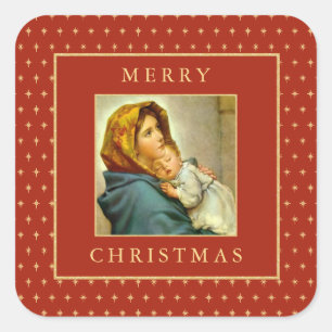 Pegatina Cuadrada Madonna y Niño Tradicional Religioso de Navidad