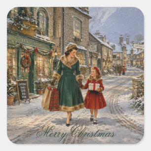 Pegatina Cuadrada Madre comprando Navidad en pueblo inglés de los añ