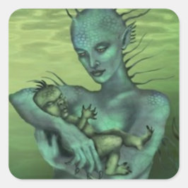 Pegatina Cuadrada Madre de Grendel sosteniendo a Grendel como un beb