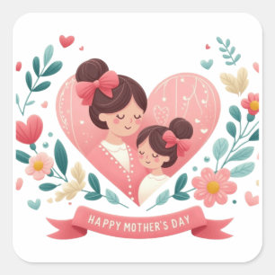 Pegatina Cuadrada Madre e Hija Corazón Floral - Feliz Día de las Mad