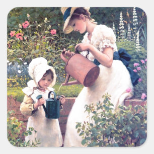 Pegatina Cuadrada Madre hija riego pintura de flores