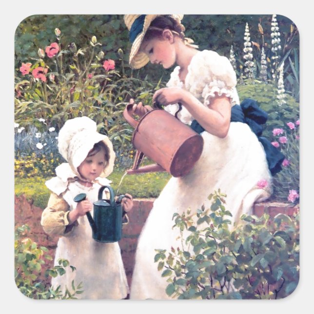 Pegatina Cuadrada Madre hija riego pintura de flores (Anverso)