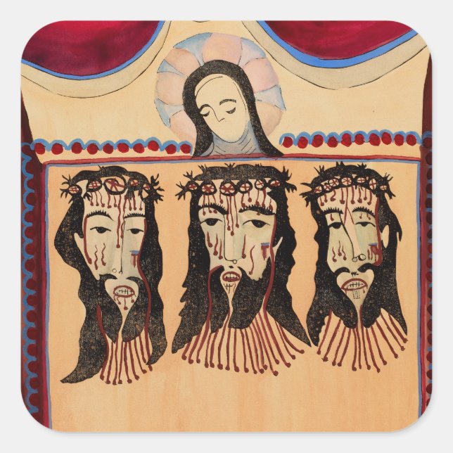 Pegatina Cuadrada Madre María Jesucristo Pintura de arte de la Coron (Anverso)