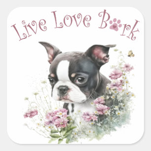 Pegatina Cuadrada Madre Perro Boston Terrier Floral