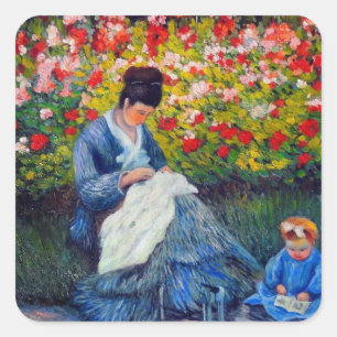 Pegatina Cuadrada Madre y niño monet en el jardín