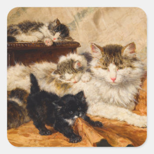 Pegatina Cuadrada Madre y sus gatitos