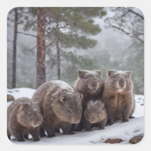 Pegatina Cuadrada Madriguera congelada: familia de wombats australia
