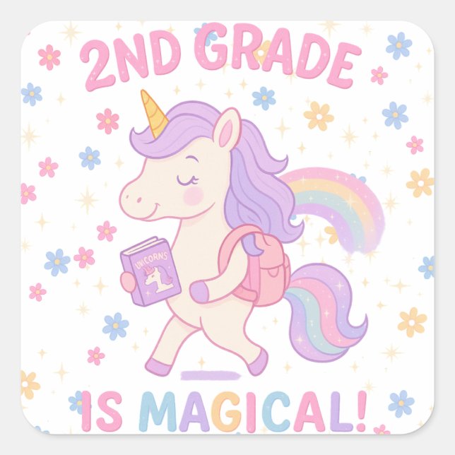 Pegatina Cuadrada Maestra de la Escuela de Unicornios Mágicos de 2do (Anverso)