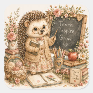 Pegatina Cuadrada Maestra Erizo Adorable  Regreso a Clases