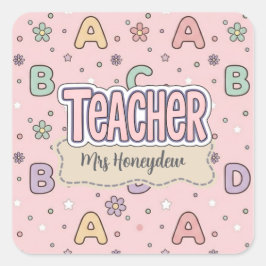 Pegatina Cuadrada Maestra Letras Rosadas Patrón Escolar
