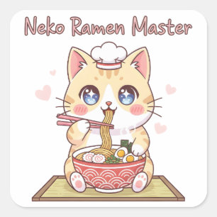 Pegatina Cuadrada Maestro de Ramen de Gato Kawaii Chef de Comida de 