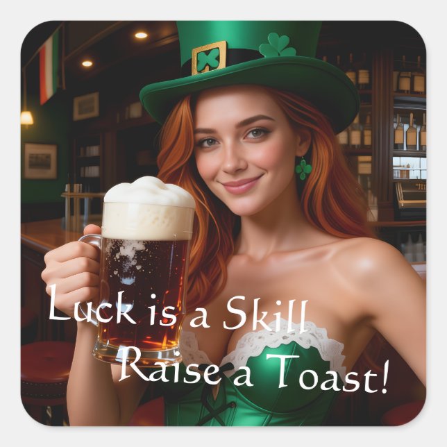Pegatina Cuadrada Maeve in Emerald Corset Irish Pub St Patrick's Day (Anverso)