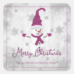 Pegatina Cuadrada Magenta Cute Snowman Christmas Sticker