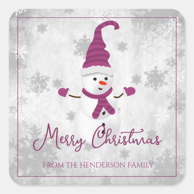 Pegatina Cuadrada Magenta Cute Snowman Christmas Sticker (Anverso)
