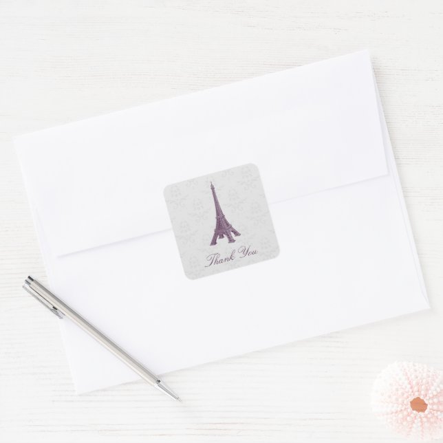 Pegatina Cuadrada Magenta Eiffel Tower Damask Gracias Pegatinas (Sobre)