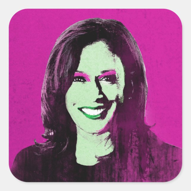 Pegatina Cuadrada Magenta Kamala Harris Pop Art (Anverso)