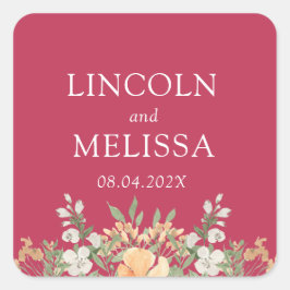 Pegatina Cuadrada Magenta, Peach y Boda Floral Blanco