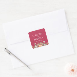 Pegatina Cuadrada Magenta, Peach y Boda Floral Blanco