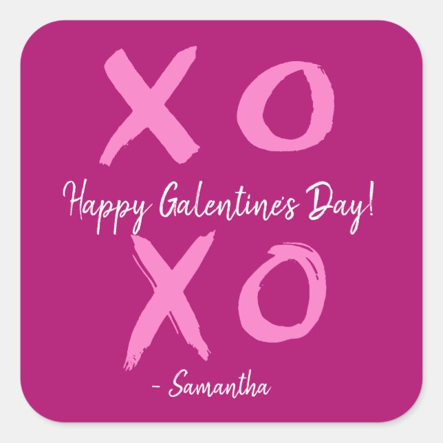Pegatina Cuadrada Magenta Pink XOXO - Happy Galentine's Day Cute  (Anverso)