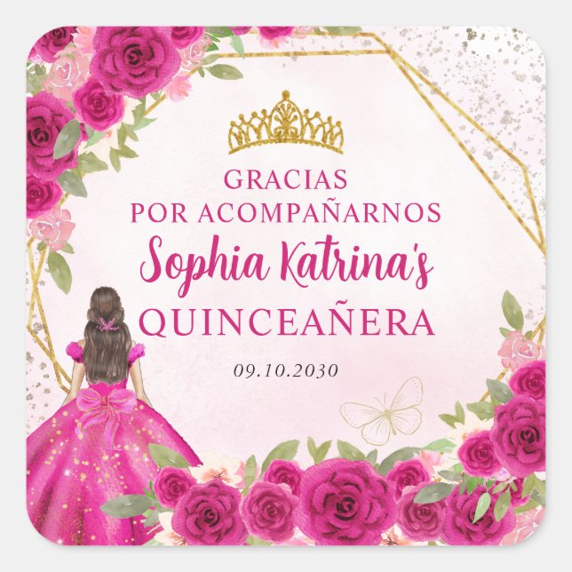 Pegatina Cuadrada Magenta Princesa Floral de Oro Rosa Tiara Gracias (Anverso)