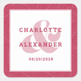 Pegatina Cuadrada Magenta Red Moderna Boda Trendy Bride & Groom