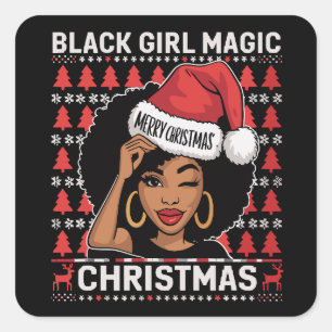 Pegatina Cuadrada Magia de Chica Negra Feliz Navidad Afroamericana 
