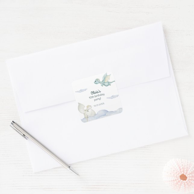 Pegatina Cuadrada Magical Castle Cute Dragons Kids Birthday (Sobre)