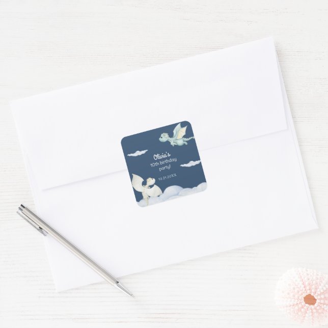 Pegatina Cuadrada Magical Castle Cute Dragons Niños cumpleaños Azul (Sobre)