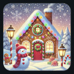 Pegatina Cuadrada Magical Gingerbread Wonderland: Festive Snowman an<br><div class="desc">A whimsical and festive gingerbread house illustration,  decorated with candy canes,  glowing Christmas lights,  and a snowy rooftop. A cheerful snowman stands nearby with a glowing lantern,  surrounded by softly falling snowflakes. This heartwarming design captures the magic of the holiday season,  perfect for you.</div>