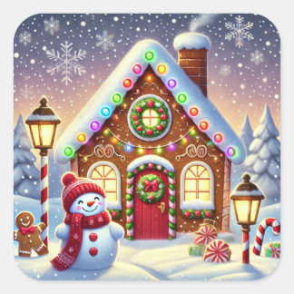 Pegatina Cuadrada Magical Gingerbread Wonderland: Festive Snowman an