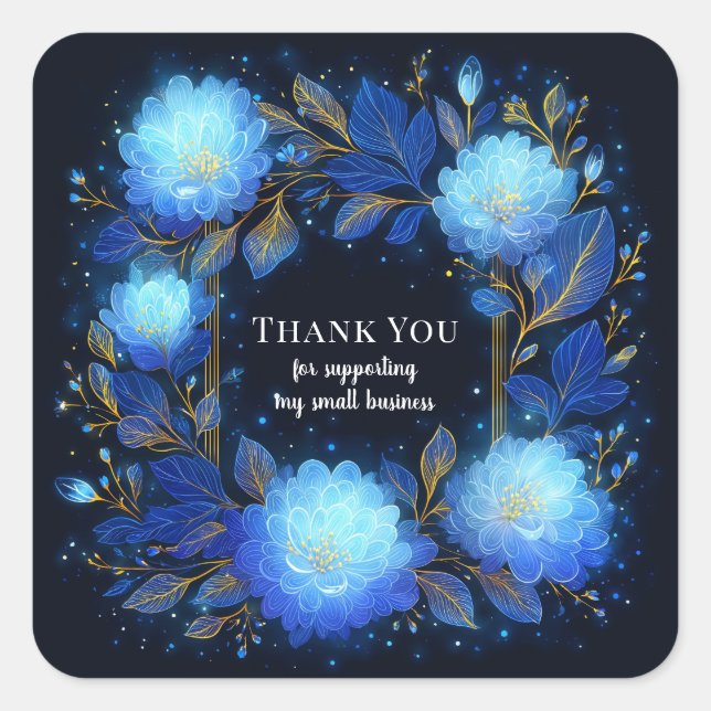 Pegatina Cuadrada Magical Glowing Blue Floral Gold Sparkle Celestial (Anverso)