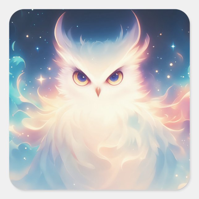 Pegatina Cuadrada Magical Glowing White Fantasy Owl (Anverso)