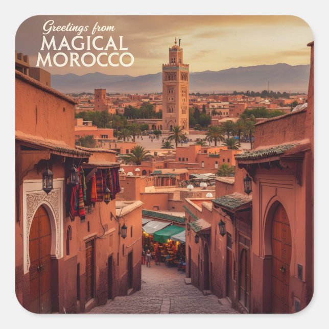 Pegatina Cuadrada Magical Morocco Sunset View Koutoubia Marrakech  (Anverso)