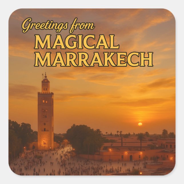Pegatina Cuadrada Magical Morocco Sunset View Koutoubia Marrakech  (Anverso)