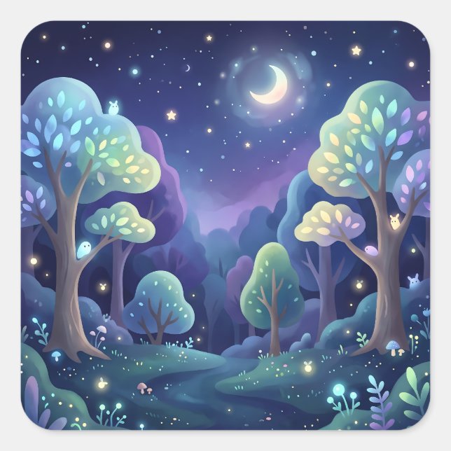 Pegatina Cuadrada Magical Night Forest and Glowing Pastel Trees (Anverso)