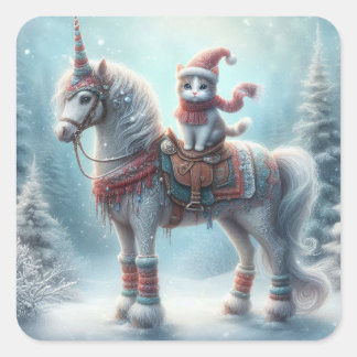 Pegatina Cuadrada Magical Winter Unicorn & Cat Sticker – Festive Fan