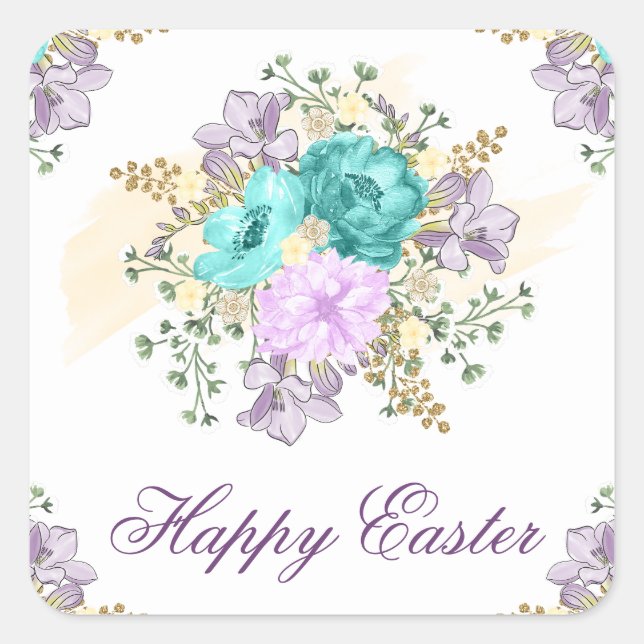Pegatina Cuadrada Magnífica acuarela Primavera Floral Bouquet Pascua (Anverso)