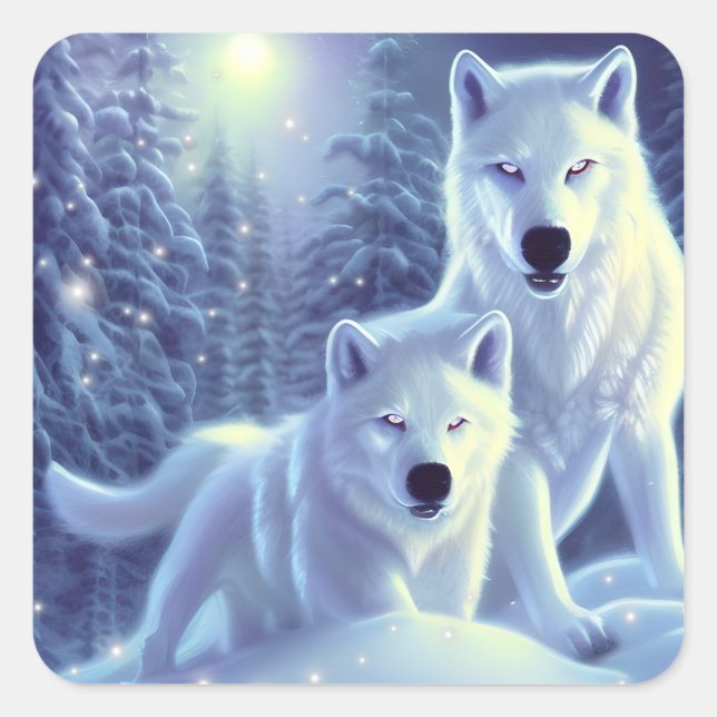 Pegatina Cuadrada Magnífica Lobos del Ártico Blanco Fantasía Arte (Anverso)