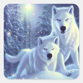 Pegatina Cuadrada Magnífica Lobos del Ártico Blanco Fantasía Arte