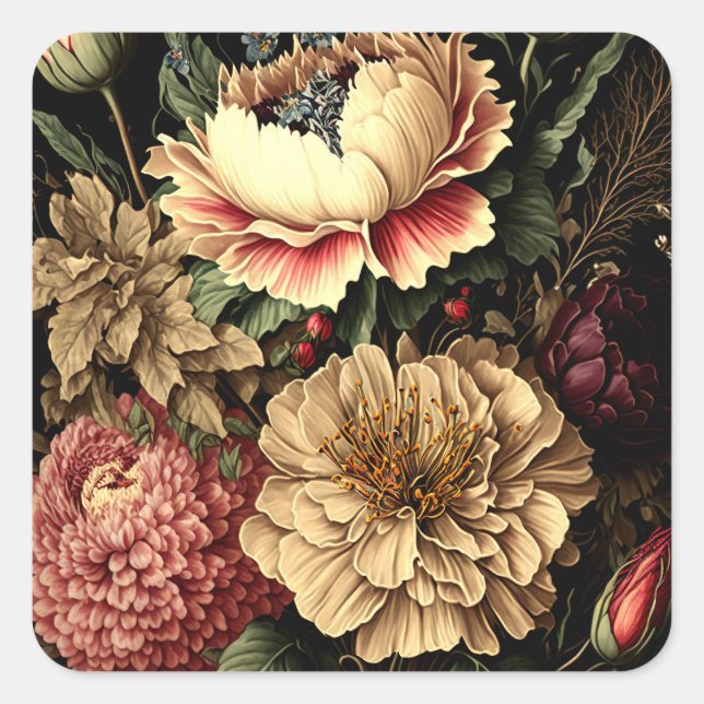 Pegatina Cuadrada Magnífico Arreglo Floral Vintage (Anverso)
